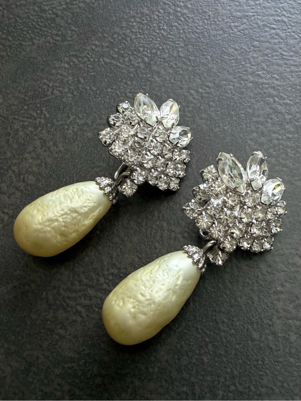 Albert Weiss Crystal Cluster Earrings with Ivory Teardrop Pearls - Clip-Ons.